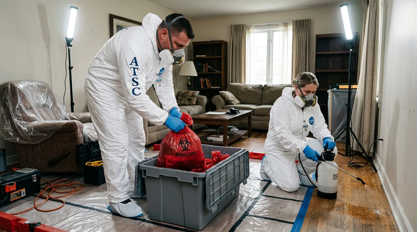 Professional Hazmat Cleanup technician in full PPE working in El Mirage